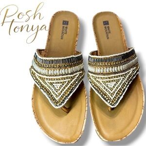 White Mountain Clary Beaded Slip On Thong Sandals Tan Gold Size 9 Boho Resort